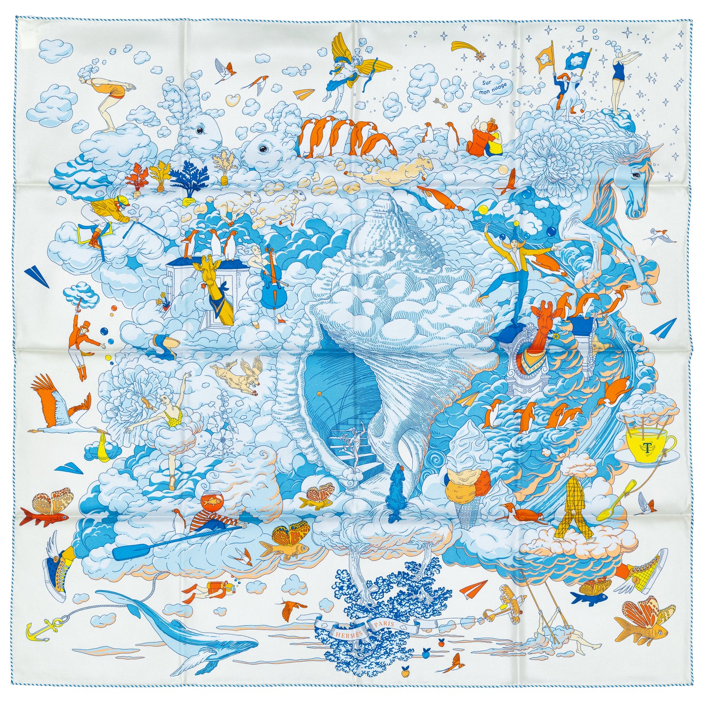 Hermes Scarf 90 Sur Mon Nuage - Creme Bleu Clair Marine - NWSTS - 2503081539