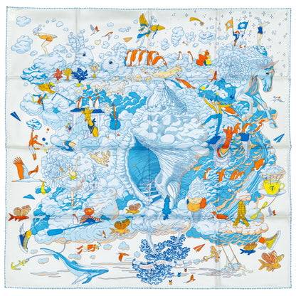 Hermes Scarf 90 Sur Mon Nuage - Creme Bleu Clair Marine - NWSTS - 2503081539