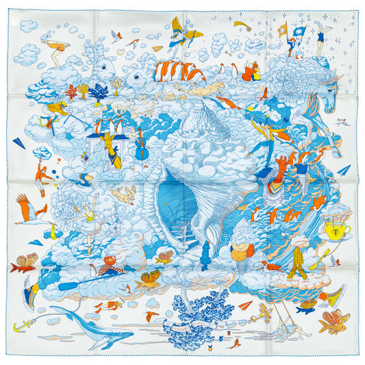 Hermes Scarf 90 Sur Mon Nuage - Creme Bleu Clair Marine - NWSTS - 2503081539