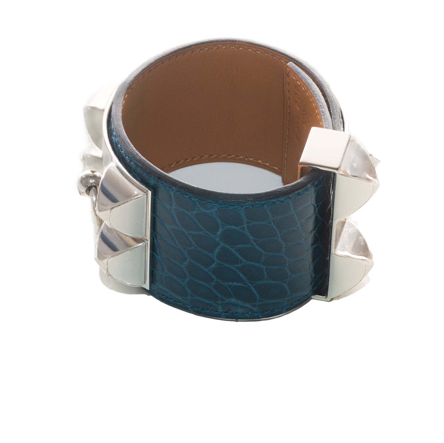 Hermes Collier de Chien 24 Médor Bracelet – Dark Green Crocodile Leather – Silver-Plated New