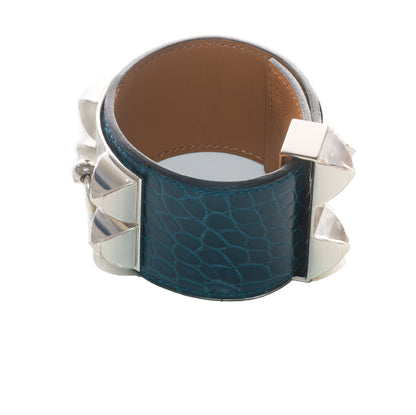 Hermes Collier de Chien 24 Médor Bracelet – Dark Green Crocodile Leather – Silver-Plated New