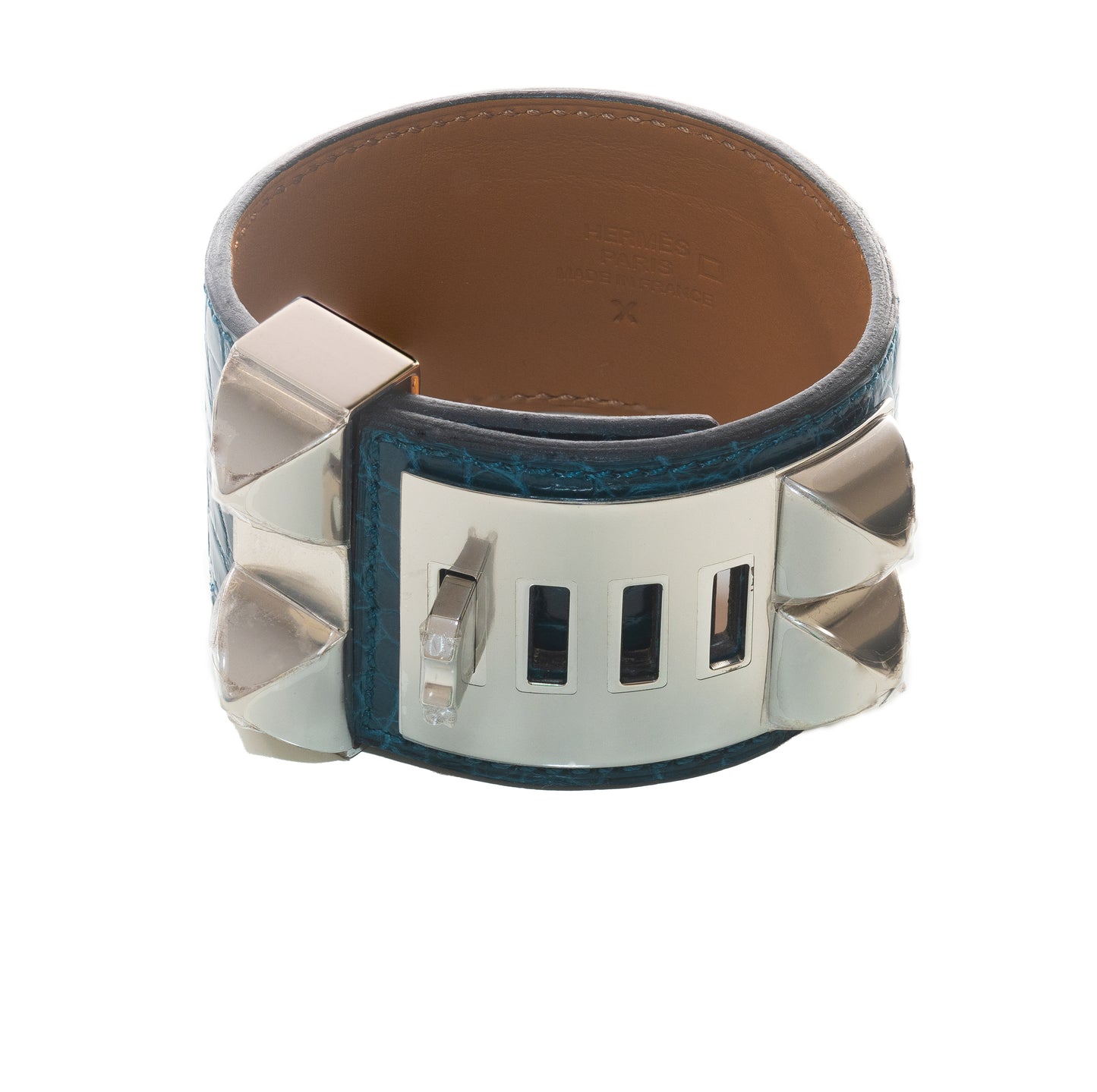 Hermes Collier de Chien 24 Médor Bracelet – Dark Green Crocodile Leather – Silver-Plated New