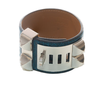 Hermes Collier de Chien 24 Médor Bracelet – Dark Green Crocodile Leather – Silver-Plated New