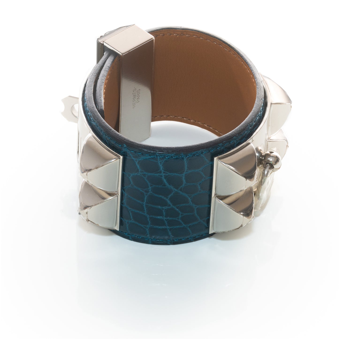 Hermes Collier de Chien 24 Médor Bracelet – Dark Green Crocodile Leather – Silver-Plated New