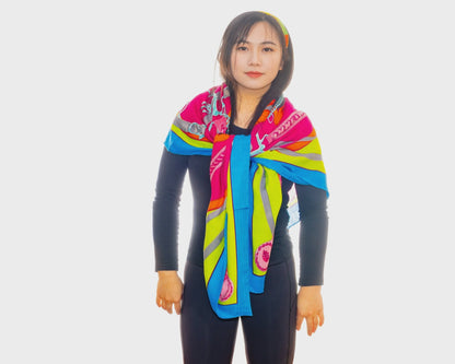 Hermes Shawl La Promenade du Matin - CS140 - Bleu Azur Vert Fluo Fuschia - NEW