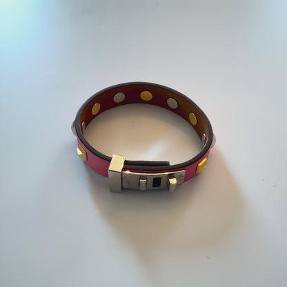 Hermes Mini Dog Clous Ronds Bracelet - Rose Azalee Calfskin - Gold Silver Buckle New